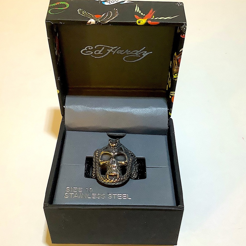 Ed Hardy Silver and Black Skull & Snake Ring Size 10 New